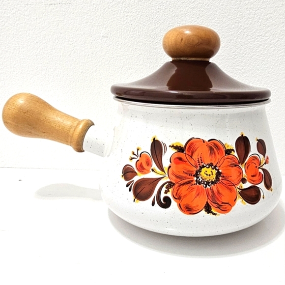 Vintage Sanko Ware Orange Poppy Enamel Fondue Pot with Lid & Wooden Handle - Picture 6 of 11